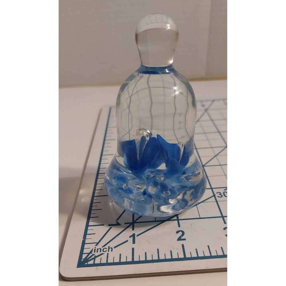 Vintage Joe St Clair Art Glass Signed Paperweight Bell Shape Blue White Flowers